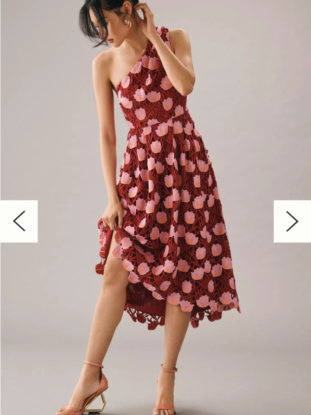 One-Shoulder Floral Midi Dress in Burgundy and Pink NWT Sz 8